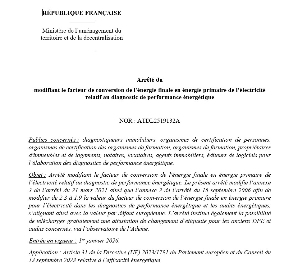 Quotidiag's tweet image. [Brève] 📣Le projet d&apos;arrêté relatif au DPE (modification du coefficient pour l&apos;électricité) est en consultation publique jusqu&apos;au 5 août 2025. f.mtr.cool/ujcnovaovt