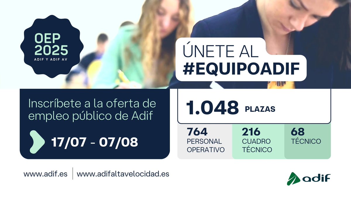 Adif_es's tweet image. 🟢 #OEP2025 • ¡Nueva convocatoria de #empleo público! Incorporamos #talento para seguir acometiendo nuestro plan de relevo generacional.
• 👥 1.048 plazas
• Más de 30 perfiles
• 🗓 Plazo de solicitud: del 17 de julio al 7 de agosto
Toda la info: bit.ly/4nOIhe7