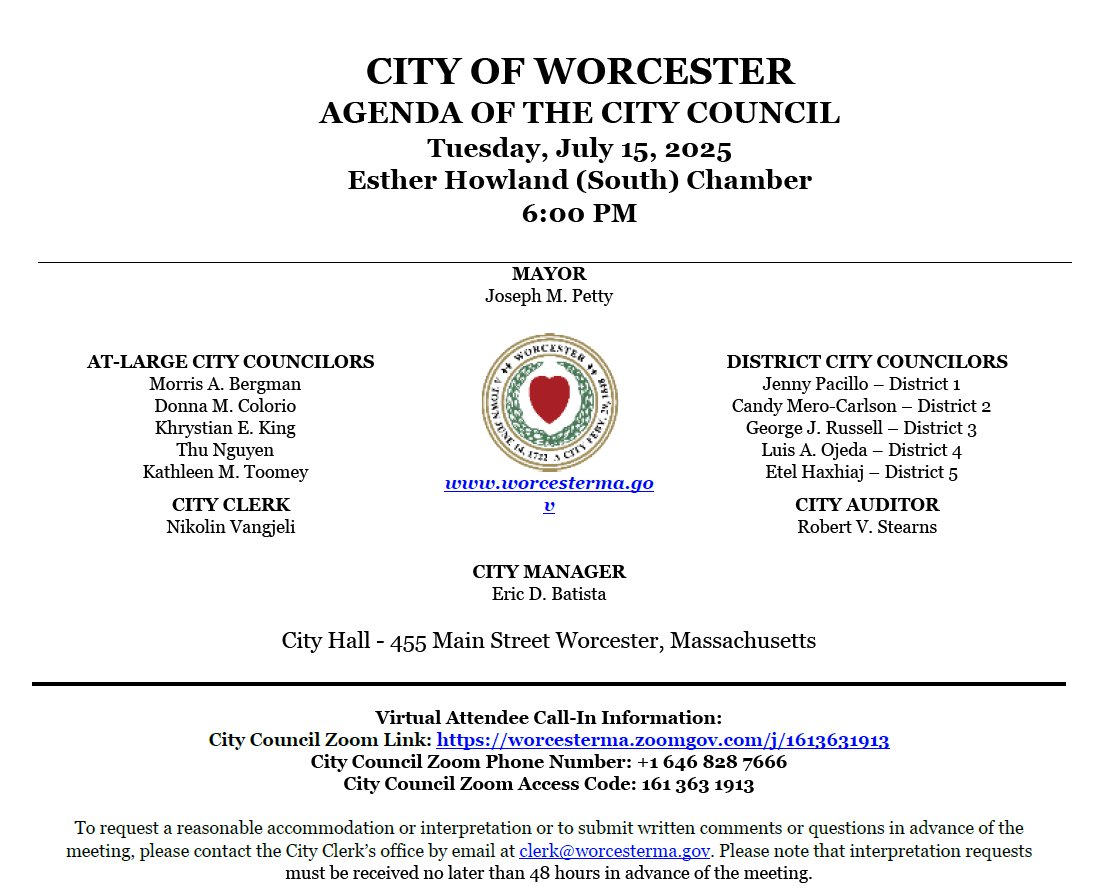 On Worcester City Council's agenda: public petitions, Mill St. review, municipally-owned grocery store, Keep Worcester Clean expansion, street/sidewalk report, body cam report, upgrade 311-cust. service, substance use/mental health fund, &amp; more: worcesterma.primegov.com/Portal/Meeting… #WorcPoli