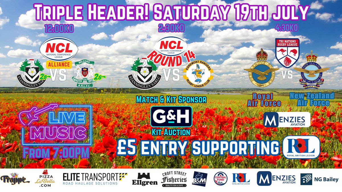 Stanningley Rugby Club (@stanningleyrlc) on Twitter photo 🔥 Triple Header Rugby League! 🔥
📅 Sat 19 July | 🎟️ £5 Entry | 💂♂️ Supporting <a href="/PoppyLegion/">Royal British Legion</a>
🏉 12:00 – Stanningley 2s vs Milford 2s
🏉 2:30 – Stanningley vs <a href="/EgremontR/">Egremont Rangers</a>
🏉 4:30 – RAF 🇬🇧 vs RNZAF 🇳🇿 (Tri Nations)
🎸 Live music from 7PM!
🍔 Food 🎁 Kit auction💥 Big day out 🔥 Triple Header Rugby League! 🔥
📅 Sat 19 July | 🎟️ £5 Entry | 💂♂️ Supporting <a href="/PoppyLegion/">Royal British Legion</a>
🏉 12:00 – Stanningley 2s vs Milford 2s
🏉 2:30 – Stanningley vs <a href="/EgremontR/">Egremont Rangers</a>
🏉 4:30 – RAF 🇬🇧 vs RNZAF 🇳🇿 (Tri Nations)
🎸 Live music from 7PM!
🍔 Food 🎁 Kit auction💥 Big day out
