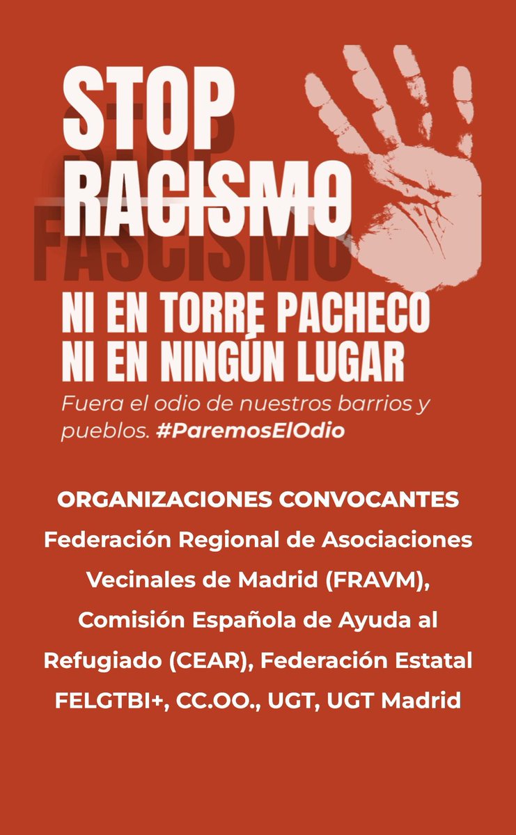 🛑 STOP RACISMO

‼️Fuera el odio de nuestros barrios y pueblos‼️

NI EN TORRE PACHECO
NI EN NINGÚN LUGAR

📍Este jueves nos concentramos en CALLAO
🗓 17 julio | 20.00h
#ParemosElOdio
#StopRacismo