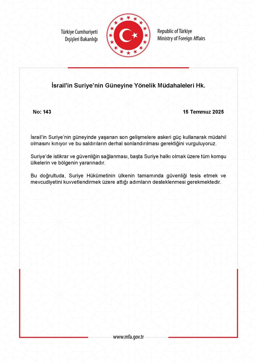 İsrail'in Suriye’nin Güneyine Yönelik Müdahaleleri Hk. mfa.gov.tr/no_-143_-israi…