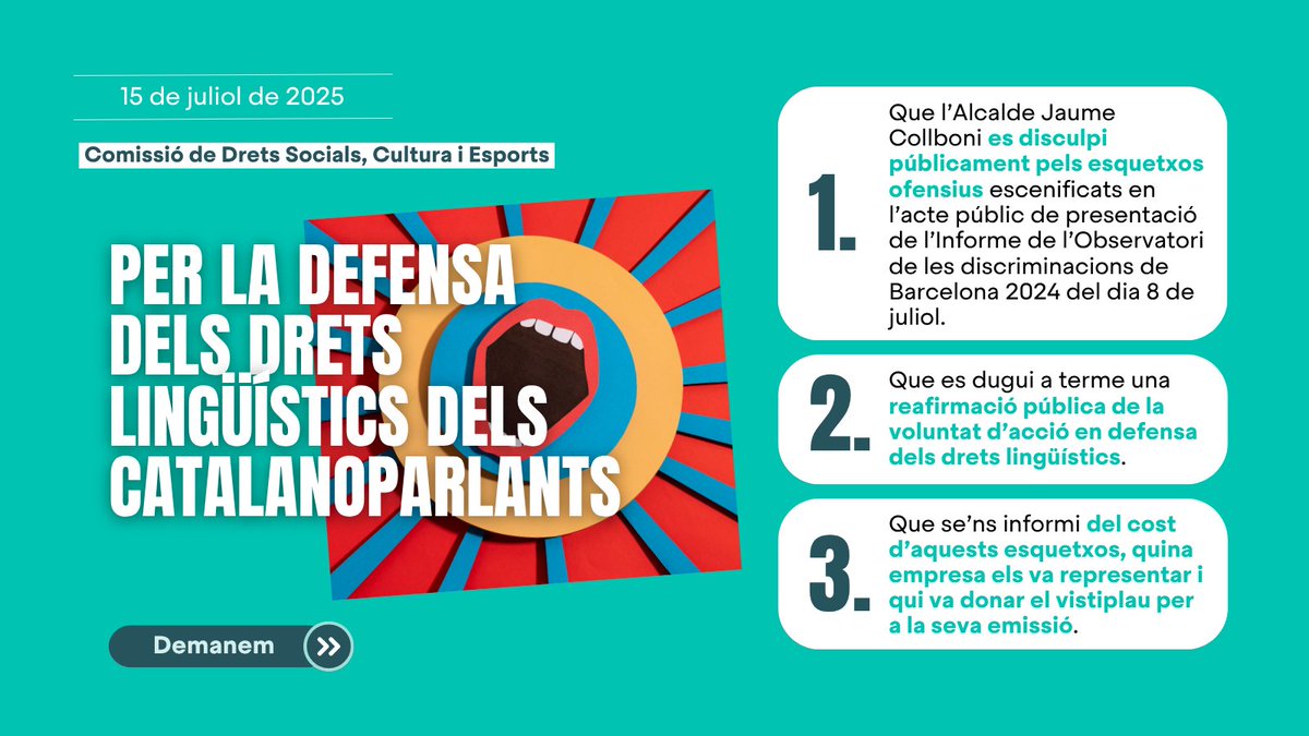 ‼️ No n’hi ha prou amb les disculpes del govern Collboni pels atacs al català en un acte institucional, exigim responsabilitats.

➡️ Que Collboni es disculpi públicament en nom del Govern Municipal pels esquetxos ofensius.

➡️ Que se’ns informi del cost d’aquests esquetxos, quina