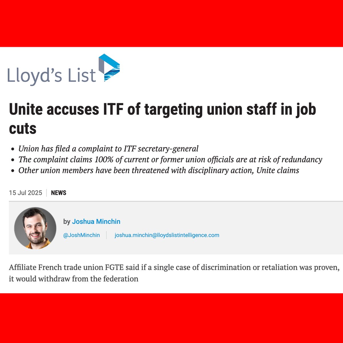 Lloyd's List: Unite accuses ITF of targeting union staff in job cuts
