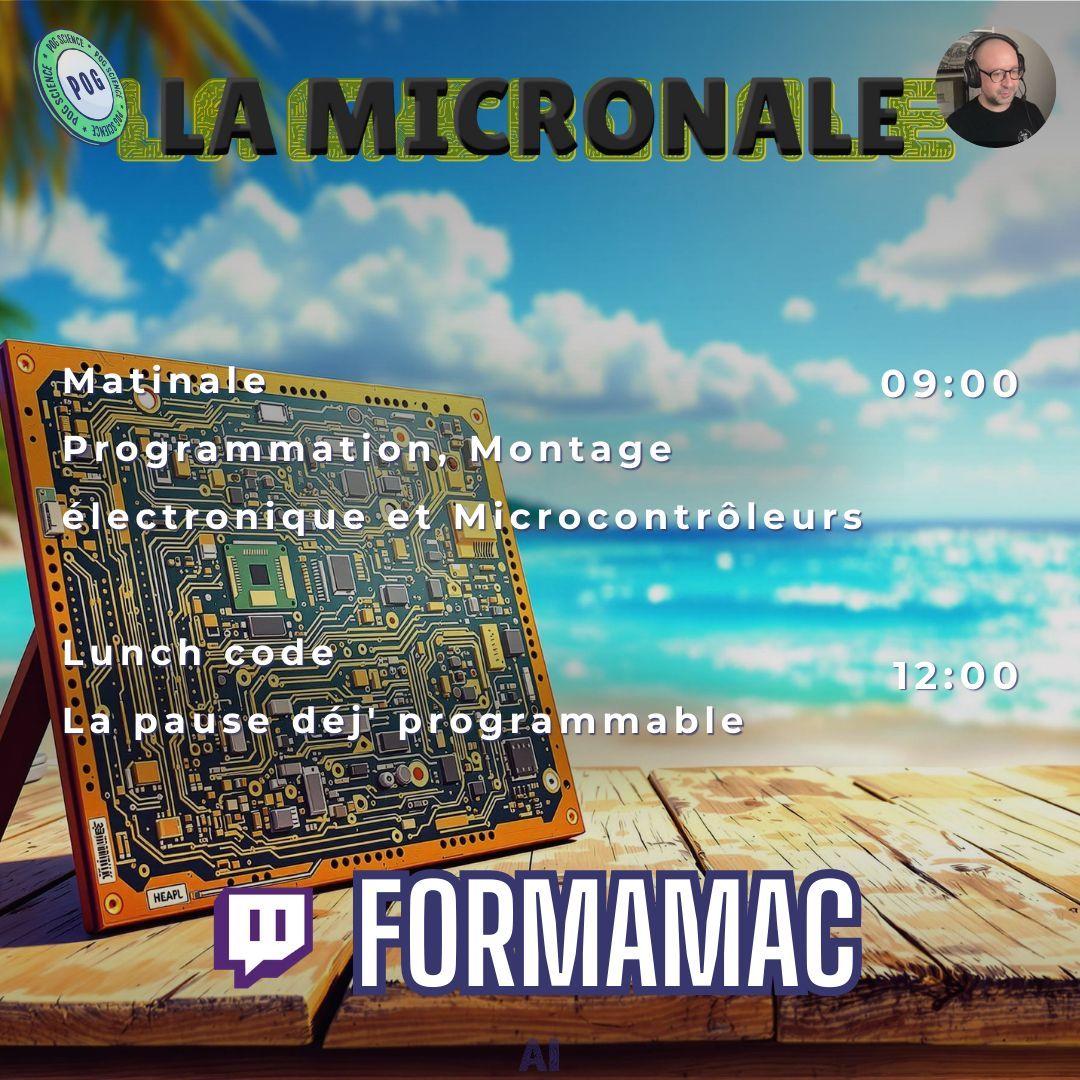PogScience's tweet image. Demain 9h, Formamac vous fait découvrir le monde des #microcontroleurs dans la #micronale du mercredi.

➡️ twitch.tv/formamac

#twitch #vulgarisation #diy #electronique