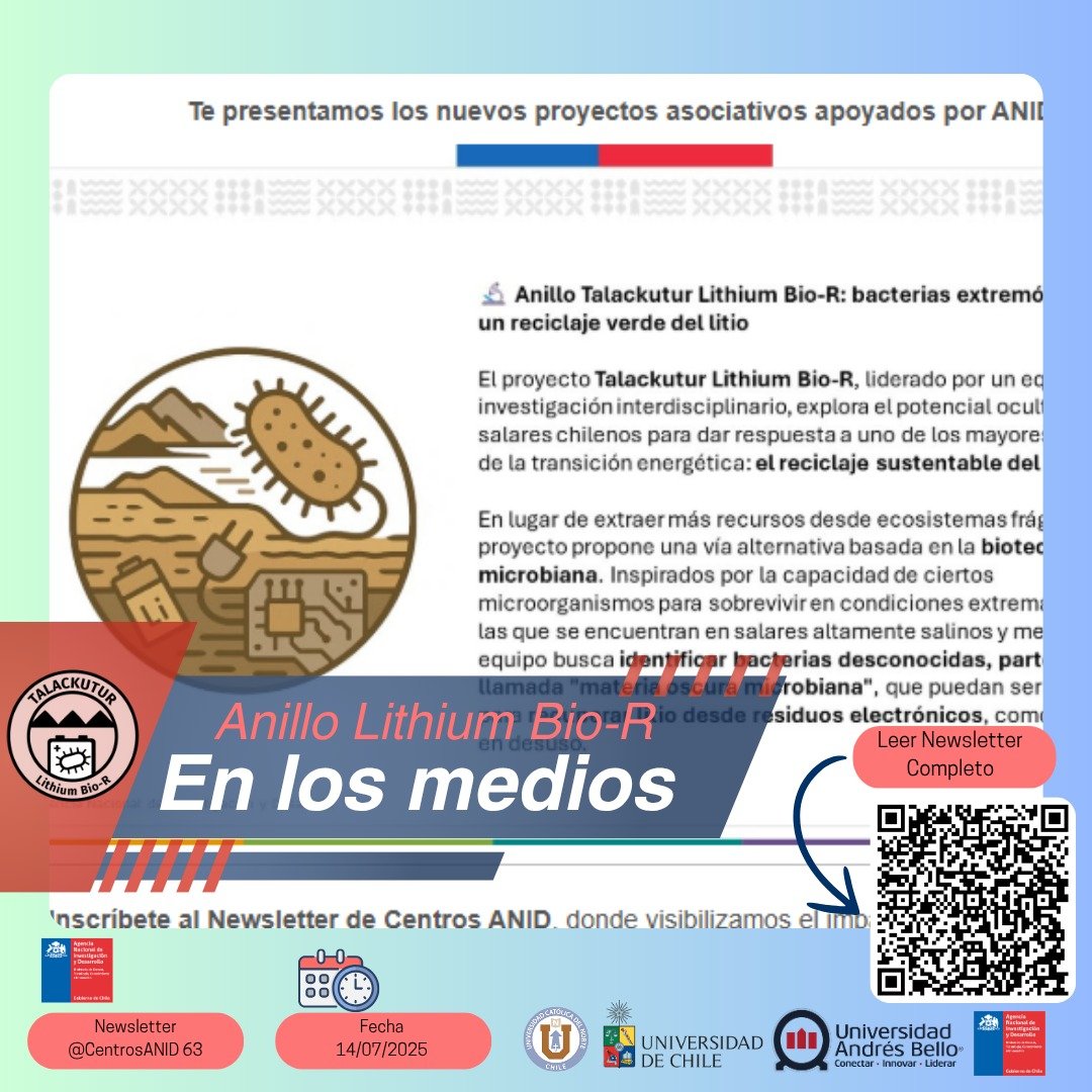Lithium_rucn's tweet image. 📣 ¡Talackutur en los medios!
Hoy estamos felices de contarles que el Proyecto Anillo Talackutur Lithium Bio-R fue destacado en el Newsletter N°63 de @CentrosANID 🧪🌍