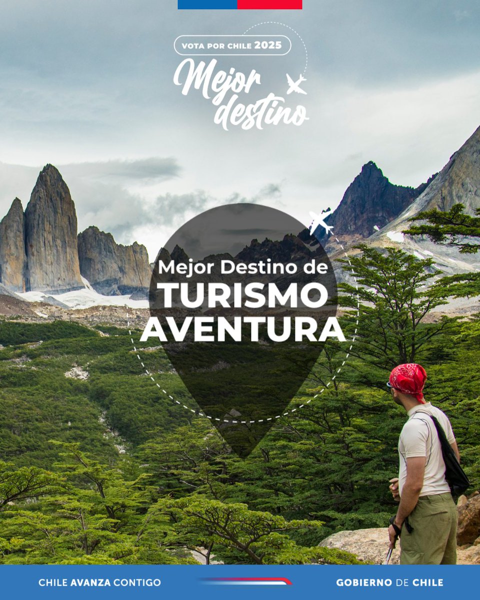 😎 Desde 2015, Chile ha sido el MEJOR DESTINO DE TURISMO AVENTURA de Sudamérica 🌎 por las experiencias que se pueden vivir a lo largo del país.

🗳️🇨🇱 #VotaxChile en los <a href="/WTravelAwards/">World Travel Awards</a> hasta el 3⃣ de agosto y ¡sigamos siendo líderes!

🔗 Ingresa a chileestuyo.cl/votaxchile y listo.