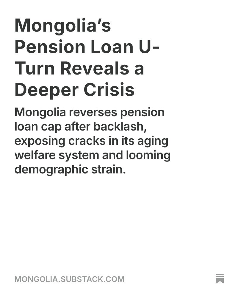 Mongolia’s central bank launched what looked like a textbook tightening move: it reclassified pension loans as consumer debt and slapped a 50% debt-to-income cap on borrowers. But it had to reverse its loan policy following the public backlash. 

mongoliaweekly.org/post/mongolia-…