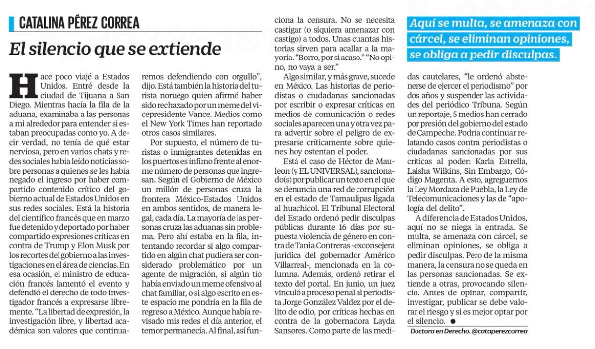 Fernando Belaunzarán (@ferbelaunzaran) on Twitter photo Lean a <a href="/cataperezcorrea/">Catalina Pérez Correa</a>, la censura se apoya en el miedo.
El silencio que se extiende Lean a <a href="/cataperezcorrea/">Catalina Pérez Correa</a>, la censura se apoya en el miedo.
El silencio que se extiende