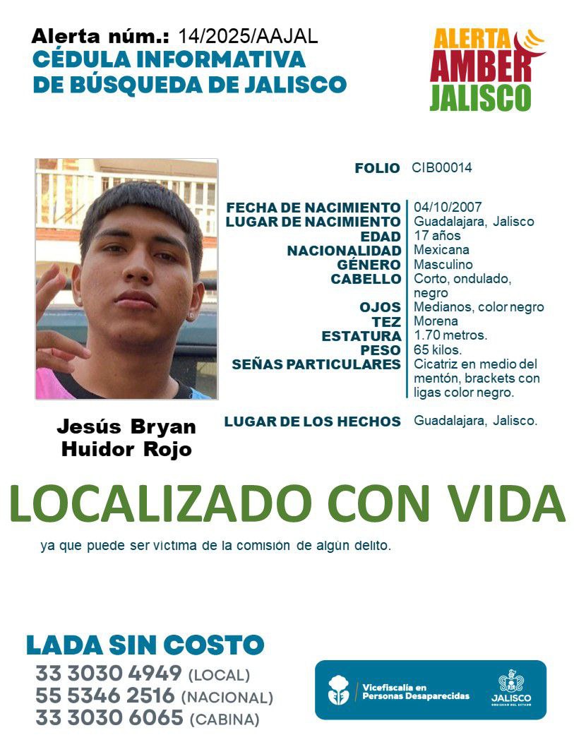 Agradecemos tu apoyo: Jesús Bryan Huidor Rojo ya fue localizado.
