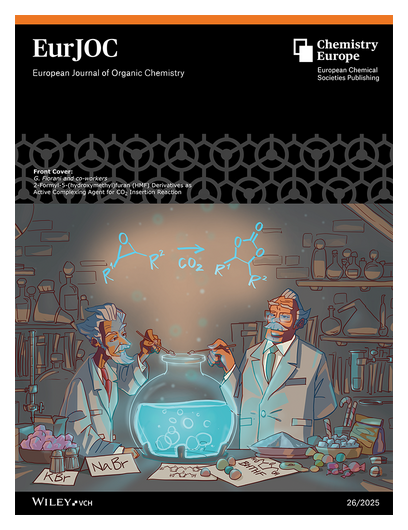 ChemEurope's tweet photo. #EurJOC #OnTheCover 2-Formyl-5-(hydroxymethyl)furan (HMF) Derivatives as Active Complexing Agent for CO2 Insertion Reaction (Eur. J. Org. Chem. 26/2025) (Giulia Fiorani and co-workers) https://t.co/0sq8Wgnk9B • https://t.co/J8vBGbbLBq https://t.co/V1Sb5Ljq8f