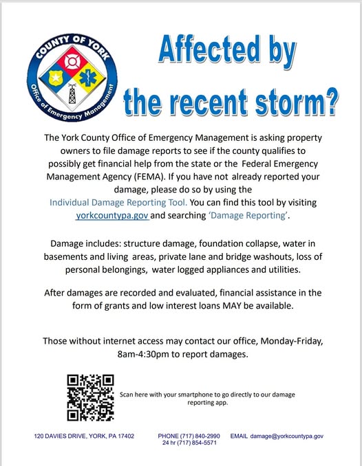 WERE YOU Impacted by yesterday's (7/14/25) storm? Fill out our damage form here: shorturl.at/MUnrx

York OEM will be assessing damage with local coordinators. Reporting your damage allows us to get a clearer picture on the impact of yesterday's storm on our county.