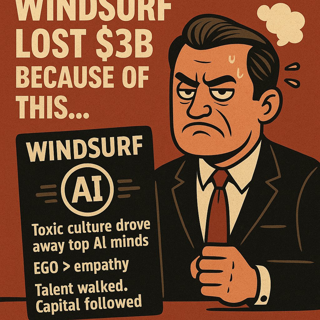 DeepArchivist's tweet image. Windsurf Lost $3B Because of This...
Not bad tech. Not bad timing.
Bad leadership.

Toxic culture drove away top AI minds

Ego &amp;gt; empathy

Talent walked. Capital followed.

💥In AI, the true currency is trust.

#AIleadership #StartupFailure #SiliconValley @paulg @jason @naval…