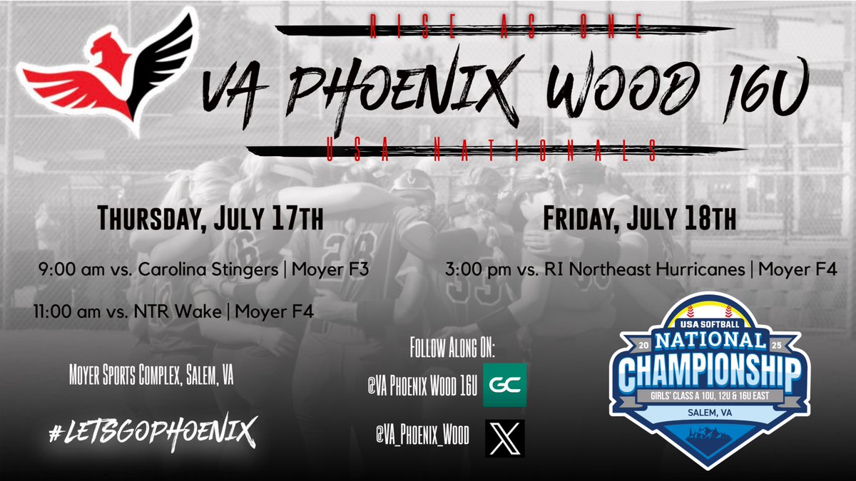 Alexis McFarland (@alexismcf3) on Twitter photo Schedule drop for nationals this weekend. Can’t wait to get back on the field!
<a href="/VA_Phoenix_Wood/">VA Phoenix Wood</a> 
<a href="/AllenWoodTow/">Allen Wood</a> Schedule drop for nationals this weekend. Can’t wait to get back on the field!
<a href="/VA_Phoenix_Wood/">VA Phoenix Wood</a> 
<a href="/AllenWoodTow/">Allen Wood</a>