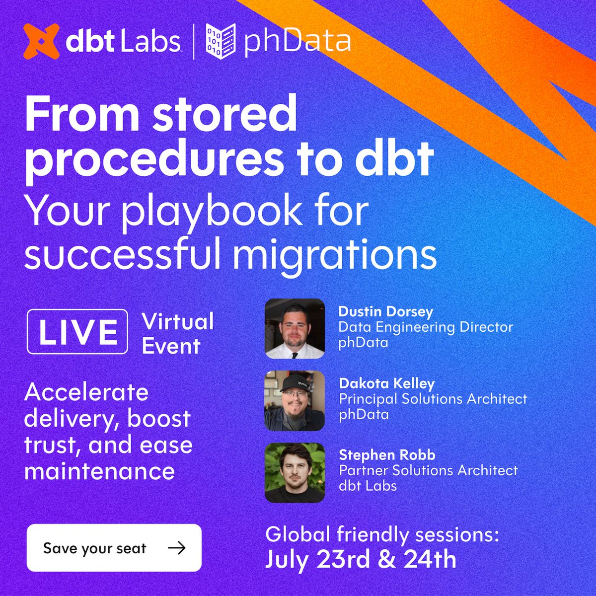 Still running on stored procs? There’s a better way.

Join us and @phData to see how teams are replacing stored procedures with dbt models and gaining the speed, transparency, and trust their businesses rely on.

Sessions run July 23 &amp; 24. Save your seat bit.ly/3GsPgsp