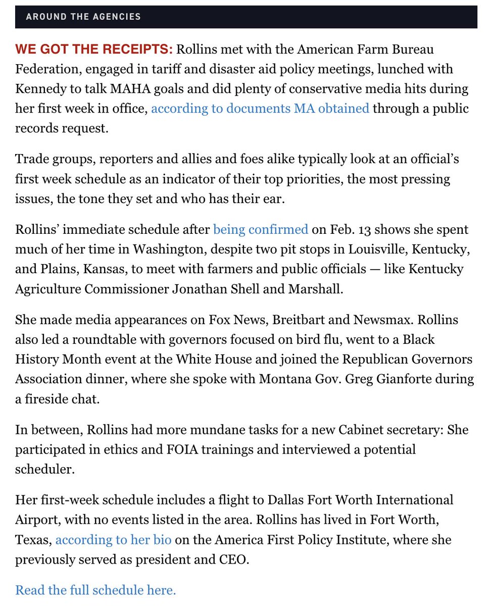 jordanwolman's tweet image. We got @SecRollins schedule from her first week @USDA in Feb
In D.C., she met w/ @SecKennedy + WH staff, convened farmers, held sessions on bird flu, tariffs, @forestservice
And she went to Ky.+ Kansas, got ethics training and went on conservative media
Subscribe @Morning_Ag