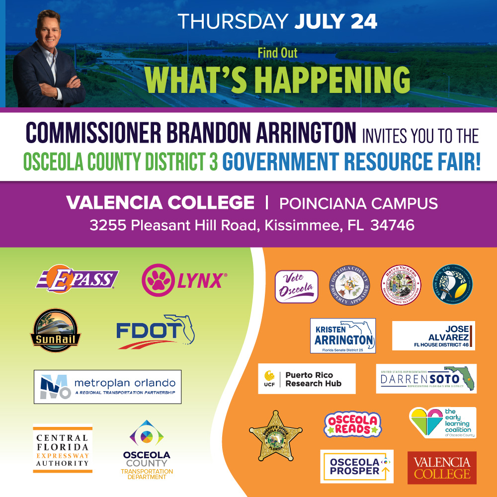 Gearing up for the future of District 3!

Join Commissioner Brandon Arrington (D3) for an engaging and informative Government Resource Fair now featuring the UCF Puerto Rico Research HUB as a new event partner!

📅 Thursday, July 24
📍 Valencia College Poinciana Campus – 3255