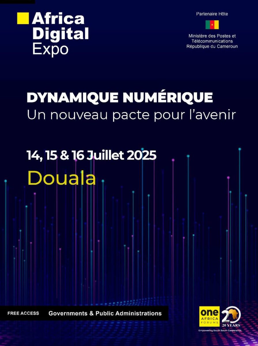 🚀 𝐄́𝐯𝐞́𝐧𝐞𝐦𝐞𝐧𝐭 !
Du 14 au 16 juillet 2025, le #PATNUC, sous tutelle du <a href="/MinpostelC/">Minpostel_cm</a>  et avec l’appui de la #BanqueMondiale, participe à l’#AfricaDigitalExpo à Douala.
📍Une vitrine panafricaine pour présenter les avancées du Cameroun en matière de #TransformationNumérique
