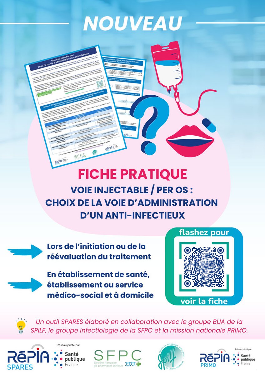 💉Voie injectable ou per os ?

👉La nouvelle fiche SPARES co-construite avec le Réseau des Pharmaciens Cliniciens en Infectiologie de la SFPC, le groupe BUA de la SPILF et la mission PRIMO.

Découvrir ici : swll.to/HCKz8vp

#MATIS #SPARES #PréventionDesInfections