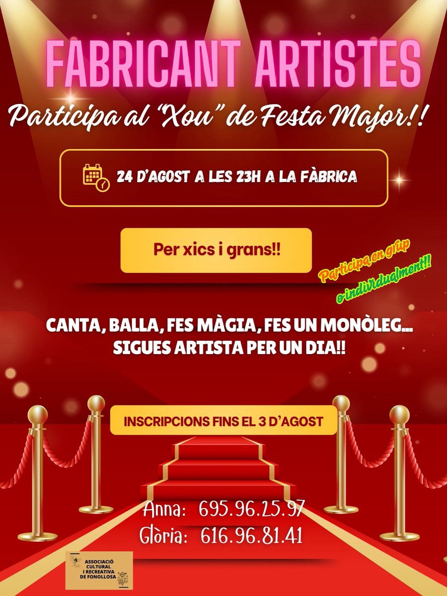 🎤 Viu l'experiència de ser artista per un dia! 🎭
Aquest any, a la Festa Major, torna el "Xou" amb Fabricant Artistes!
Tens ganes de cantar, ballar, fer màgia o fer riure amb un monòleg? Tant si ets petit com gran, aquest és el teu moment!