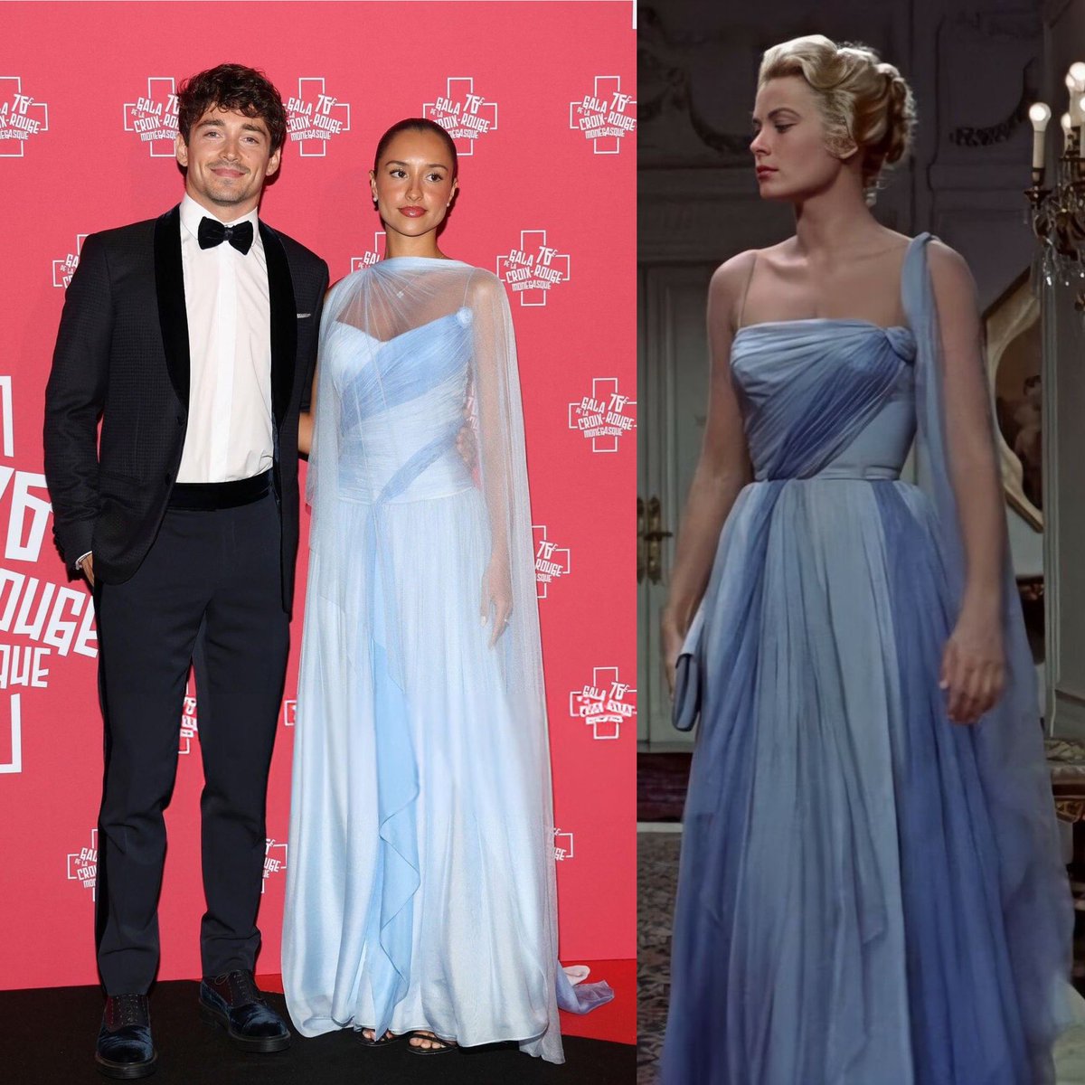 alexandra saint mleux wore a custom guerinparis dress inspired by grace  kelly's blue iconic dress in to catch a thief (1955) with her boyfriend  charles leclerc