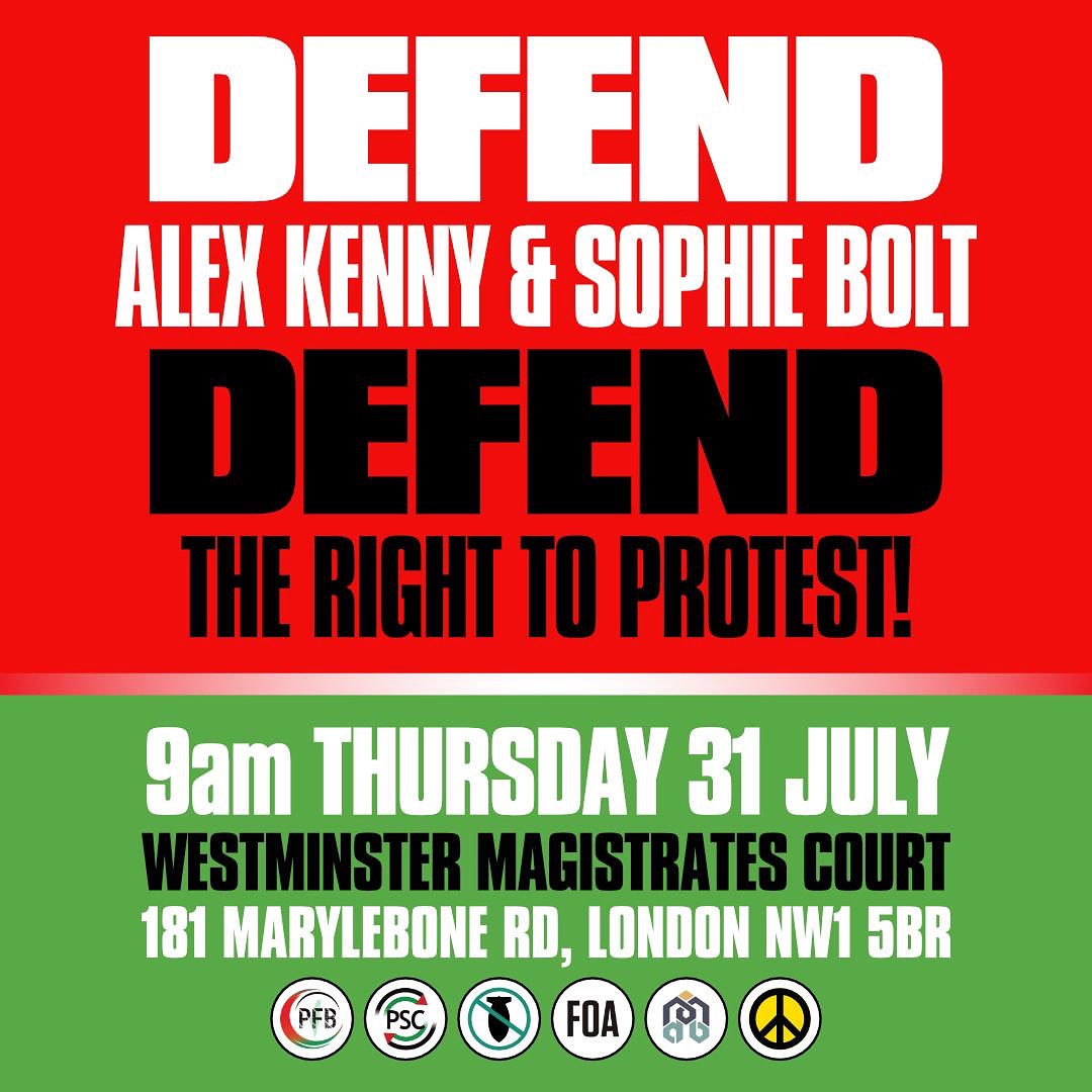 Campaign for Nuclear Disarmament (@cnduk) on Twitter photo Join this solidarity rally for our Gen Sec Sophie Bolt and StW’s Alex Kenny facing charges for peacefully protesting against Israel’s genocide.
☮️🕊️🇵🇸
<a href="/STWuk/">Stop the War</a> #RightToProtest Join this solidarity rally for our Gen Sec Sophie Bolt and StW’s Alex Kenny facing charges for peacefully protesting against Israel’s genocide.
☮️🕊️🇵🇸
<a href="/STWuk/">Stop the War</a> #RightToProtest