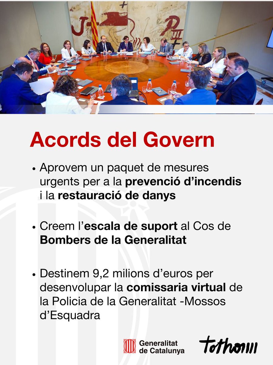 Què hem aprovat en el Consell Executiu?

✅Paquet de mesures urgents per a la prevenció d’incendis i la restauració de danys
🚒 Creem l’escala de suport al Cos de Bombers de la Generalitat

ℹ️gen.cat/3ItlEvq
