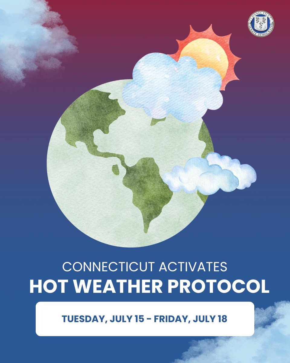 CTSenateDems's tweet image. It’s scorching out there! 🥵🔥 An Extreme Hot Weather Protocol goes into effect at noon today. Check on neighbors, stay hydrated, limit outdoor activity & find a cooling center if you need one!