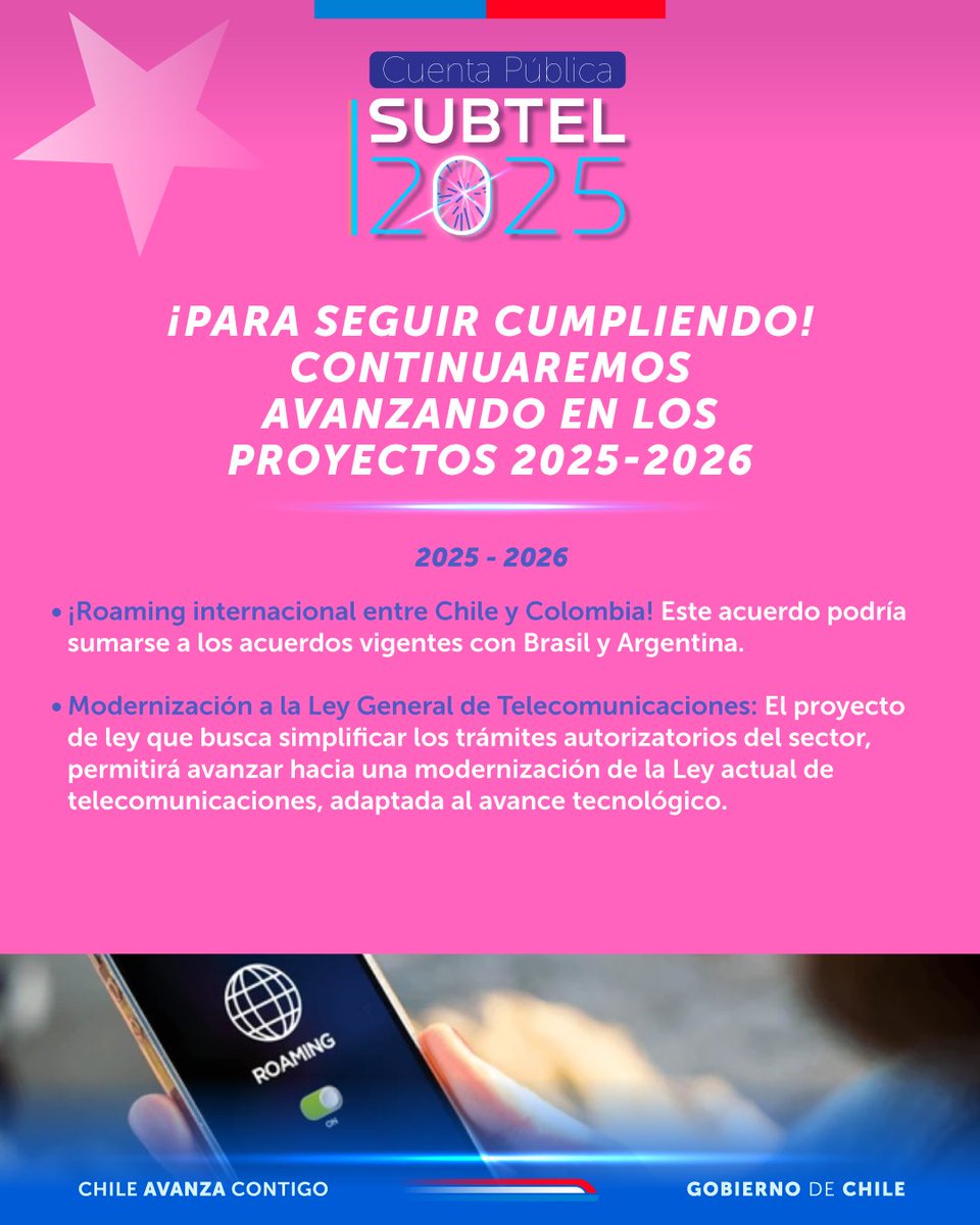 subtel_chile's tweet image. Se viene la #CuentaPúblicaMTT y te contamos sobre los proyectos que tenemos para terminar este año y el 2026 con el objetivo de seguir mejorando la calidad de vida de todos los chilenos y chilenas.