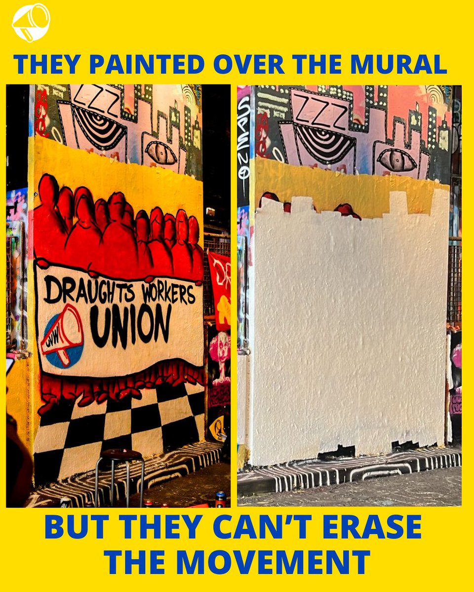 UVWunion's tweet image. They painted over the mural. But they can’t erase the movement! 💪
On Monday, artist @dukdukpaint honoured @DraughtsLondon workers fighting for dignity & respect with live art in Leake St.
It was covered up hours later, but the message stands: Workers’ Rights are Human Rights! 🔥