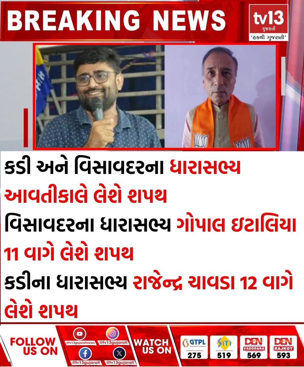 tv13gujarati's tweet photo. કડી અને વિસાવદરના ધારાસભ્ય આવતીકાલે લેશે શપથ

#Kadi #Visavadar #GopalItalia #RajendraChavda #Shapath https://t.co/Q5m1bq2py4