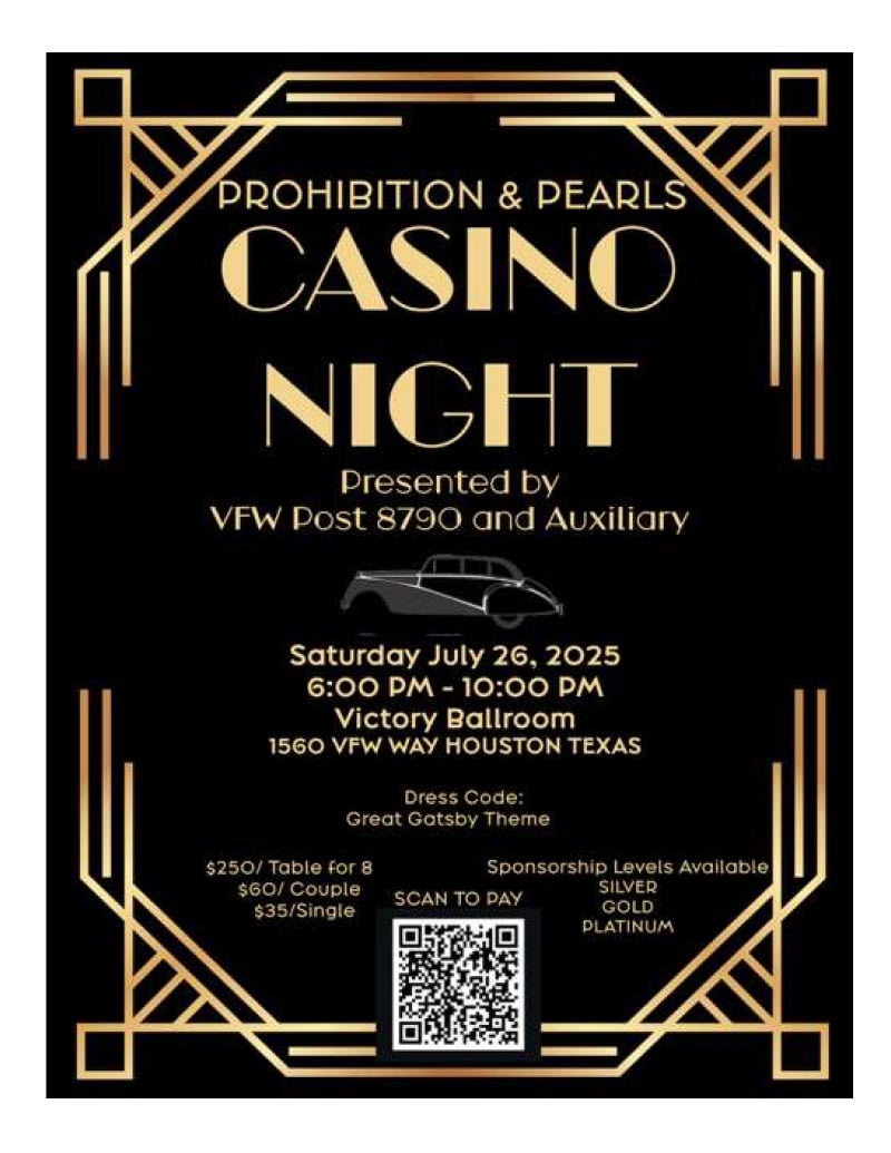 🎉 Step into the glamour and glitz of the Roaring Twenties at the Veterans of Foreign Wars Spring Branch Post 8790's Prohibition and Pearls Casino Night! More info: zeffy.com/en-US/ticketin…