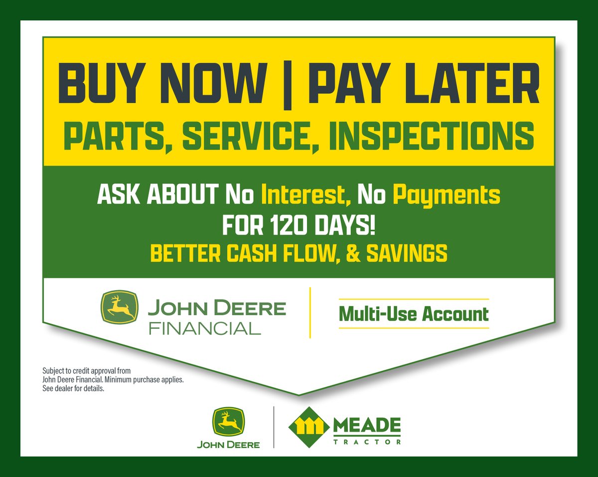 Simplify your spending. Maximize your productivity.
With a Multi-Use Account from John Deere Financial, you can finance parts, service, attachments, and more—all in one place. Flexible terms. Streamlined billing. One powerful tool for your operation. Take advantage of our No