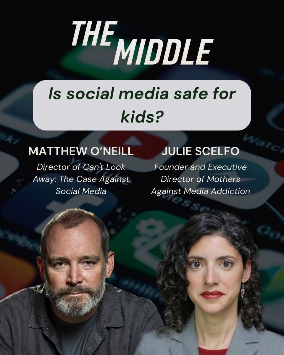 TheMiddle_Show's tweet image. This week, we're asking if social media is safe for kids.
We'll be joined by the filmmaker @mattodocs and @_WeAreMAMA founder @JulieScelfo
Listen live on Thursday at 8pm CT on your local NPR station or catch the YouTube livestream.