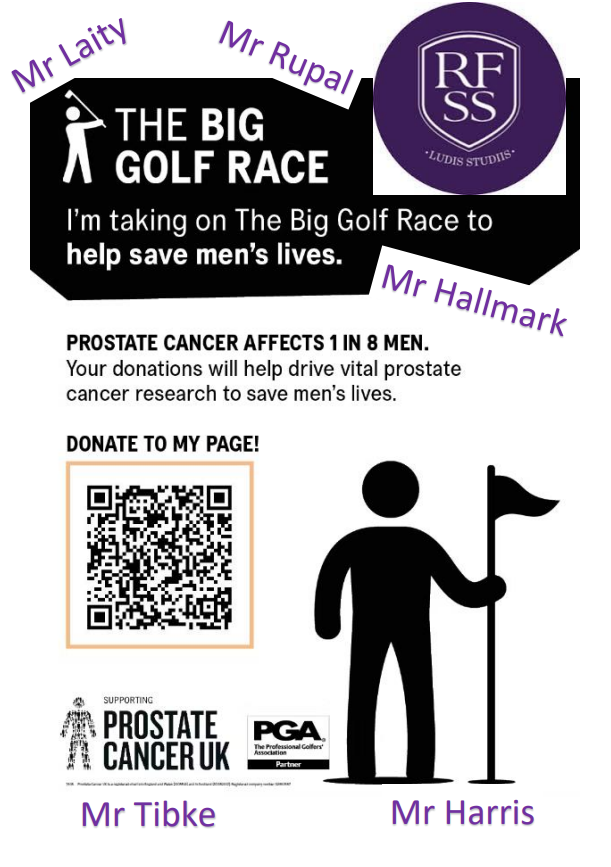 A group of staff are taking part in a charity event for Prostate Cancer UK. To raise money, Friday 18th July will be a non-uniform day for students. They need to wear an item of blue clothing and if possible, make a £1 donation.