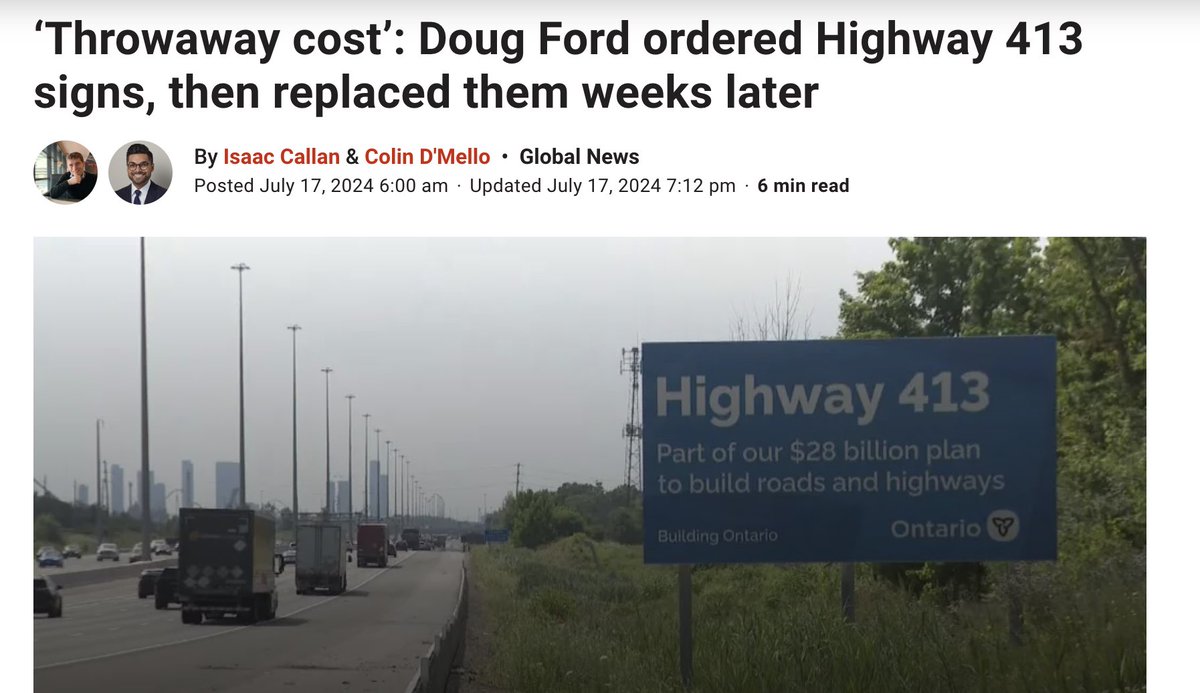 DrKateTO's tweet image. Doug Ford's Highway 413 sign at James Snow and the 401 is now so comically huge that I laughed out loud as I drove past.
This is at least the *third* iteration of the sign, each one larger than the last.
Money for highway signs but not school budgets? #FordPriorities #onpoli