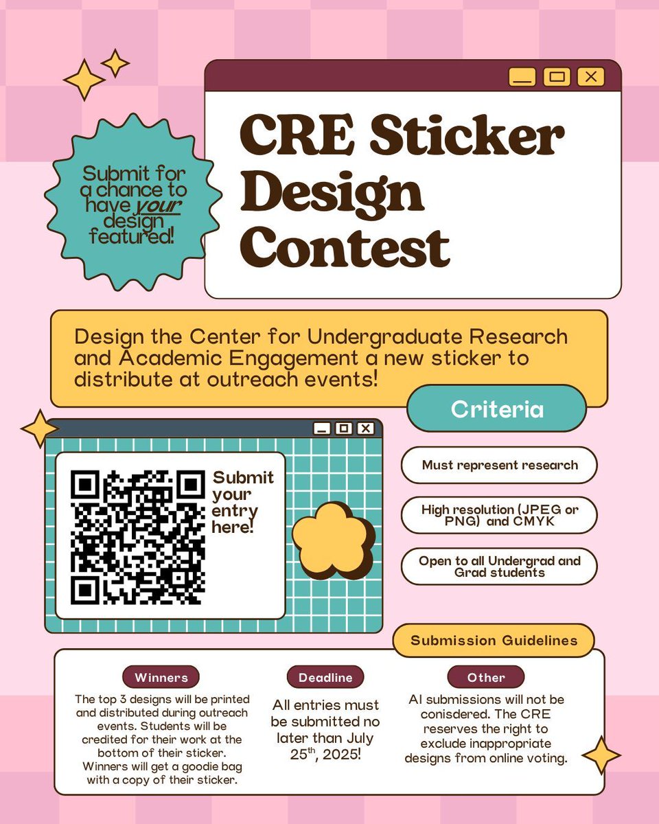 FSU_CRE's tweet image. WE ARE HOLDING A STICKER CONTEST! 🎨
The CRE is looking for a new sticker design to hand out at outreach events!
All submissions are due by July 25th. Open to all full and part-time undergraduate students. Submit via the Qualtrics QR code!