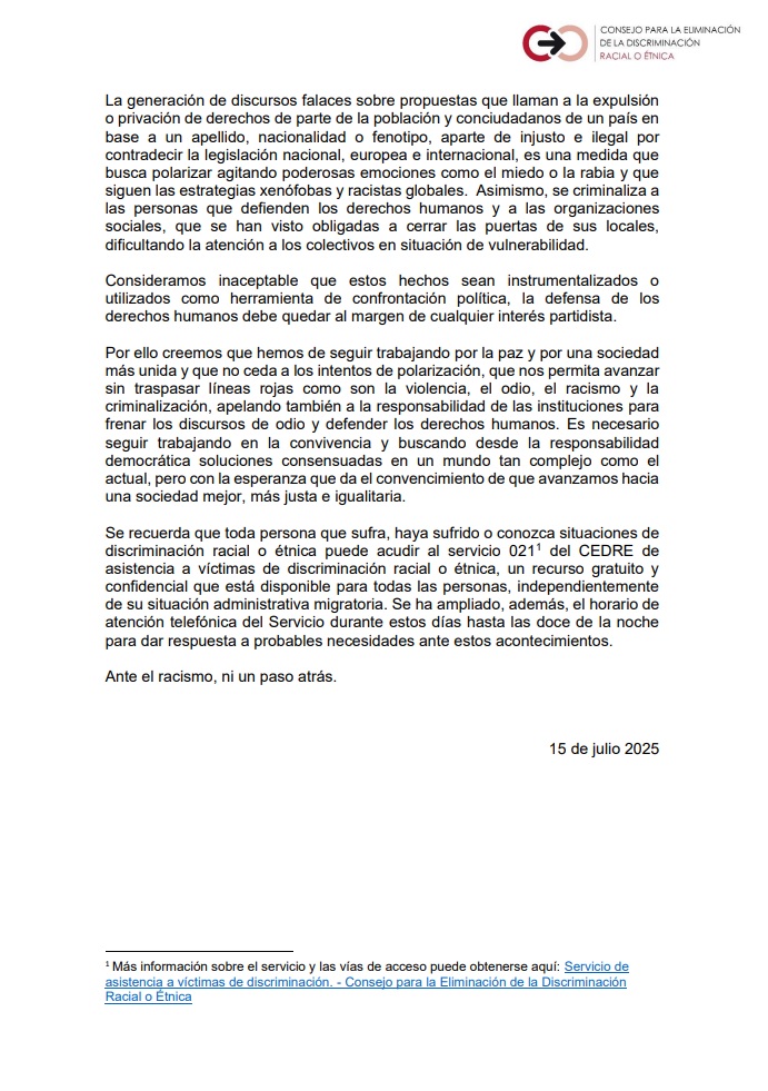 UGT Migraciones (@ugtmigraciones) on Twitter photo 📢 El Consejo para la Eliminación de la Discriminación Racial o Étnica –CEDRE- condena la escalada de odio xenófobo y llama a frenar los discursos racistas y la criminalización de la población migrante.
🔗acortar.link/UqS4n4
<a href="/IgualdadGob/">Ministerio de Igualdad</a> <a href="/flujandefrias/">Fernando Luján</a> <a href="/PatriciaRuizUGT/">Patricia Ruiz</a> 📢 El Consejo para la Eliminación de la Discriminación Racial o Étnica –CEDRE- condena la escalada de odio xenófobo y llama a frenar los discursos racistas y la criminalización de la población migrante.
🔗acortar.link/UqS4n4
<a href="/IgualdadGob/">Ministerio de Igualdad</a> <a href="/flujandefrias/">Fernando Luján</a> <a href="/PatriciaRuizUGT/">Patricia Ruiz</a>