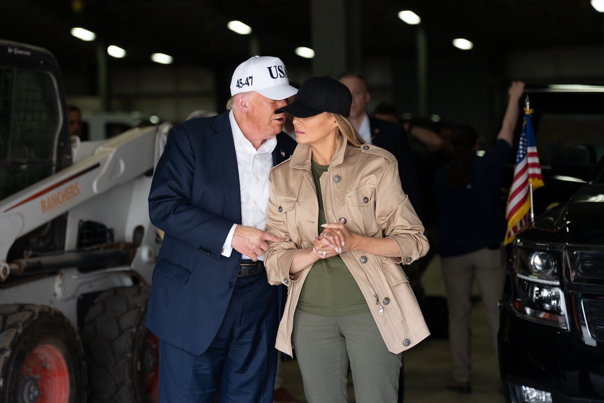 FirstLadyOffice's tweet image. The President and @FLOTUS at a flood briefing w/ state and local leaders and first responders in Kerrville, TX - July 11, 2025