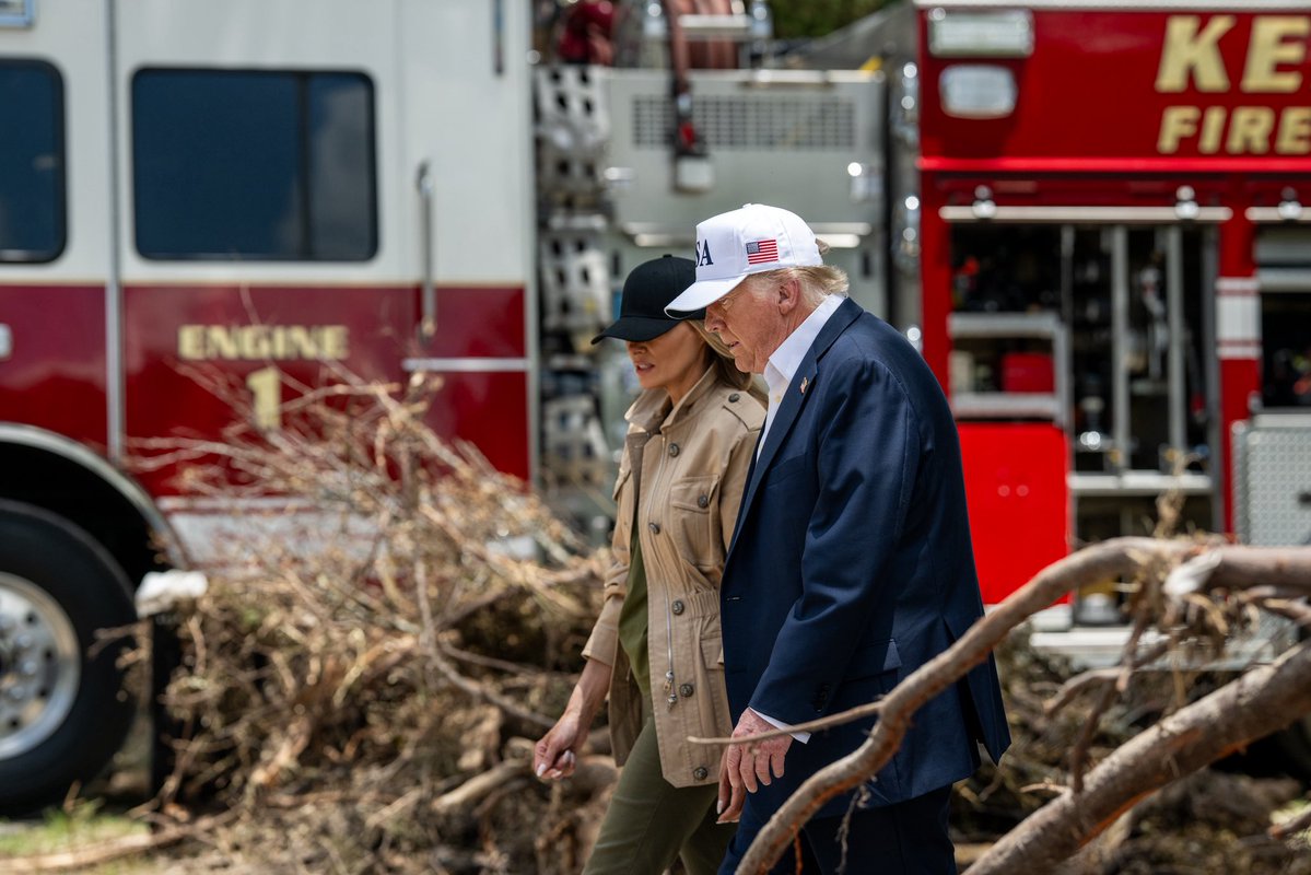 FirstLadyOffice's tweet image. The President and @FLOTUS at a flood briefing w/ state and local leaders and first responders in Kerrville, TX - July 11, 2025