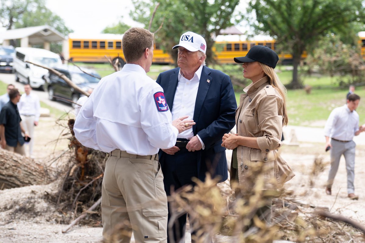 FirstLadyOffice's tweet image. The President and @FLOTUS at a flood briefing w/ state and local leaders and first responders in Kerrville, TX - July 11, 2025