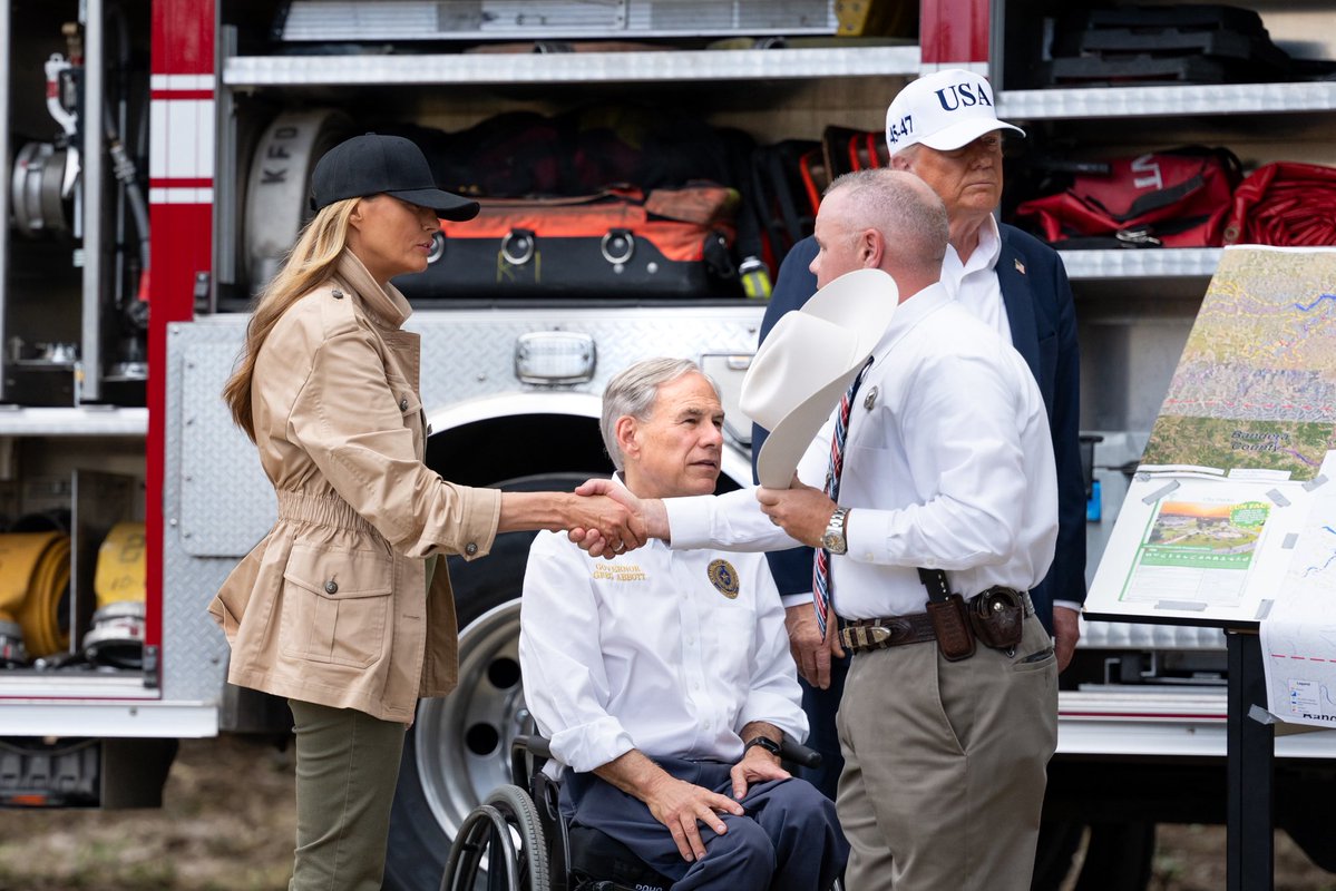 FirstLadyOffice's tweet image. The President and @FLOTUS at a flood briefing w/ state and local leaders and first responders in Kerrville, TX - July 11, 2025