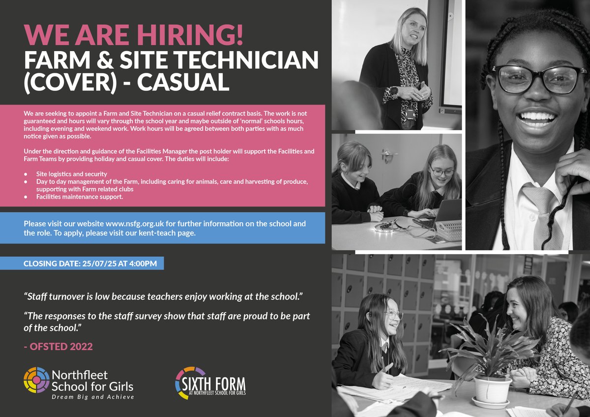 VACANCY - FARM &amp; SITE TECHNICIAN (Cover)

We are looking for someone to join our dedicated Farm &amp; Site Teams.

To learn more, and to apply, visit: kent-teach.com/Recruitment/Va…

#kentjobs #jobsinkent #kentteach #northfleet #gravesend #ebbsfleet #meopham #dartford #meopham