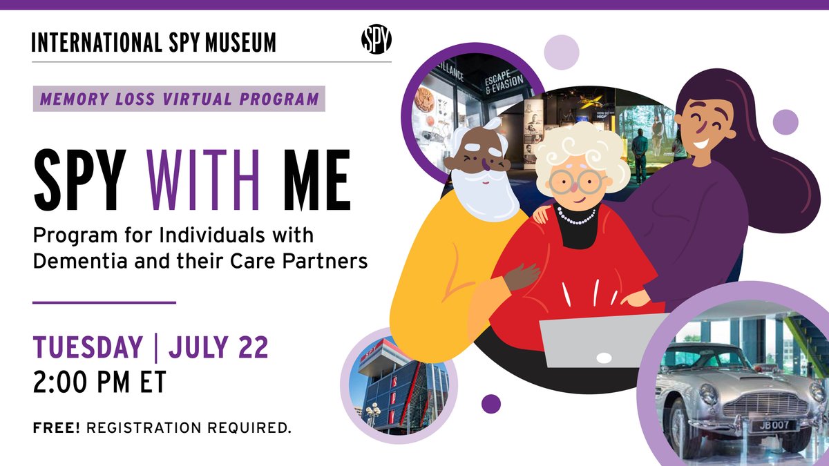 IntlSpyMuseum's tweet image. It's our Birthday Week! Join us for SPY with Me, an interactive virtual program for individuals living with dementia and their care partners.
We will use music and artifacts to explore our favorite spy stories.
📆 Tuesday, July 22
⏰ 2:00 PM - 3:00 PM
📍 Virtual
Information…