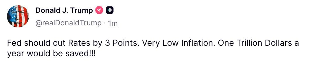 OCOCReport's tweet image. TRUMP: "Fed should cut Rates by 3 points. One Trillion Dollars a year would be saved!!!"