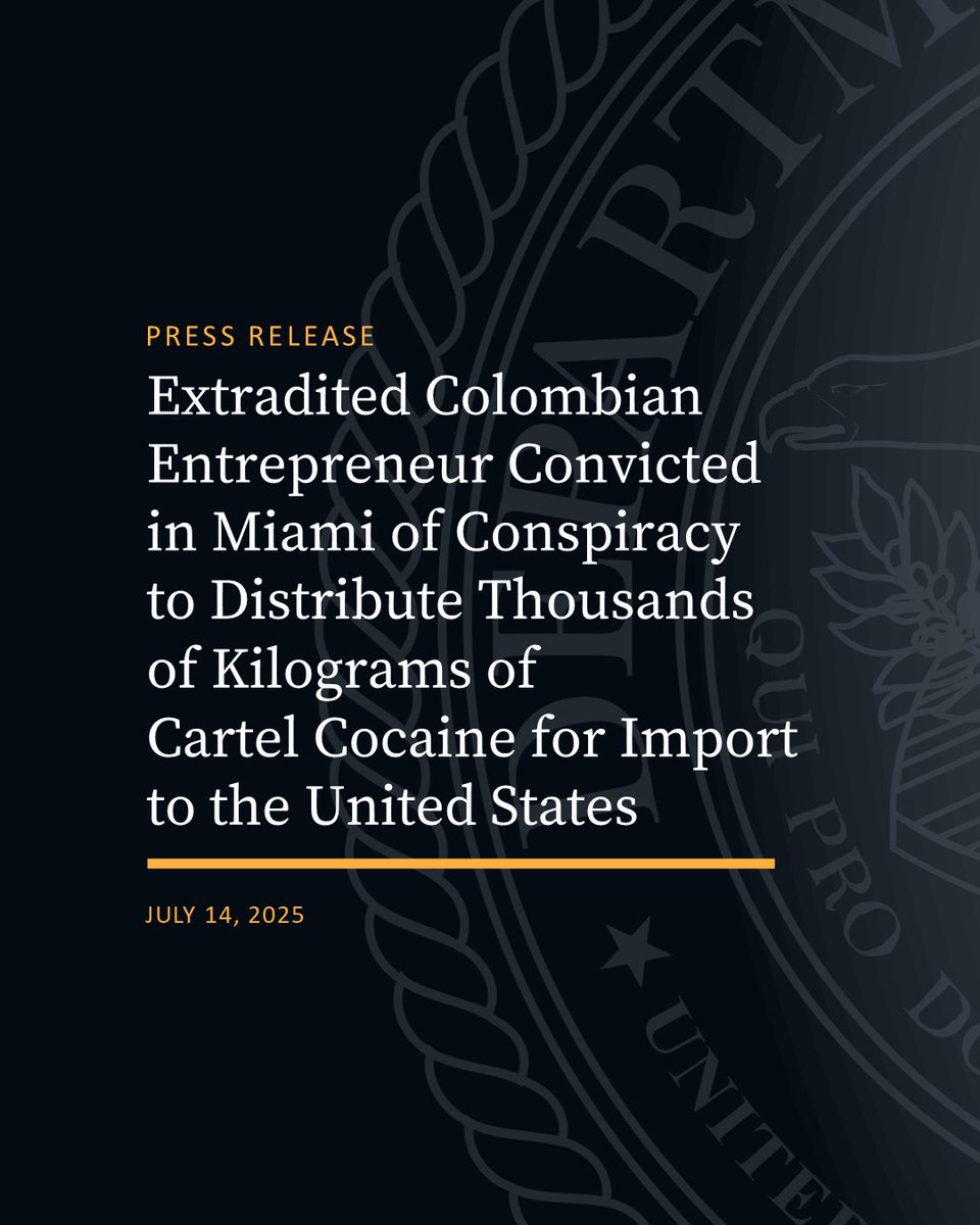 USAO_SDFL's tweet image. Extradited Colombian Entrepreneur Convicted in Miami of Conspiracy to Distribute Thousands of Kilograms of Cartel Cocaine for Import to the United States
🔗justice.gov/usao-sdfl/pr/e…
@DEAMIAMIDiv
