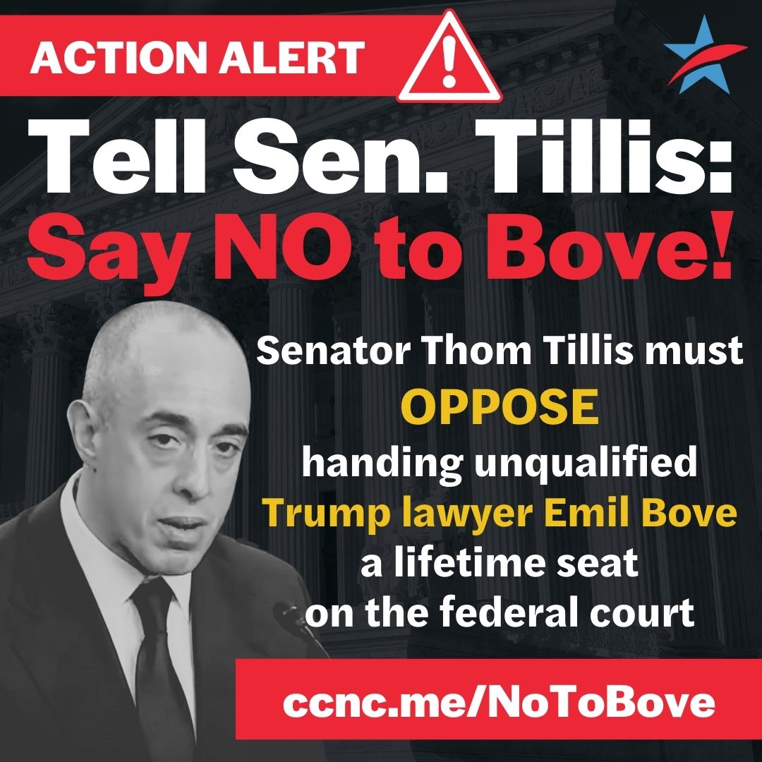 CommonCauseNC's tweet image. 🚨ACTION ALERT: Tell Senator Tillis to vote NO to the alarming nomination of Trump lawyer Emil Bove to the federal court ➡️ccnc.me/NoToBove #NoToBove #ncpol