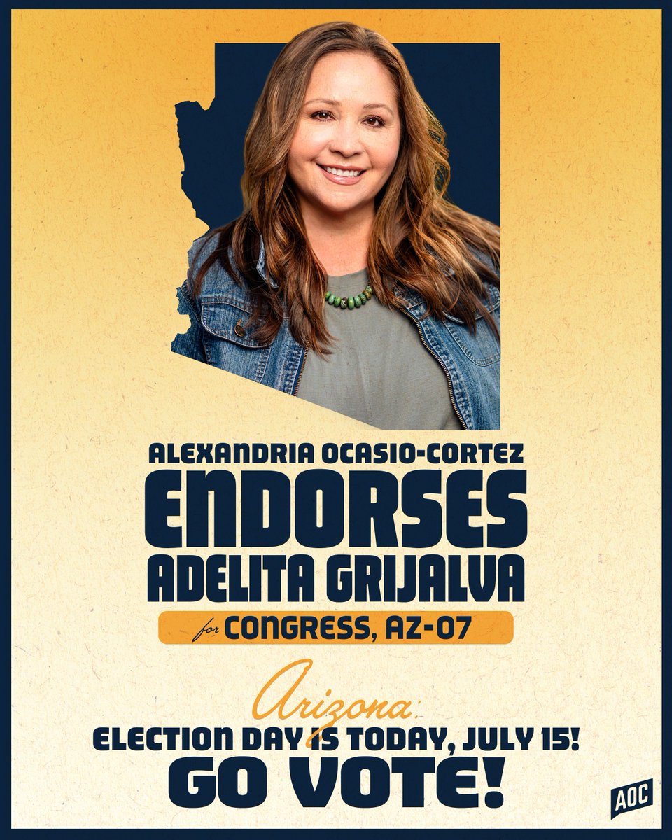 TeamAOC's tweet image. Polls are OPEN in #AZ07 RIGHT NOW until 7 PM MST!
Get out and vote for @AdelitaForAZ
- for affordable housing
- to fight for Medicaid and Medicare
- for environmental justice for all
- to fully fund public education.
VOTE! VOTE! VOTE!