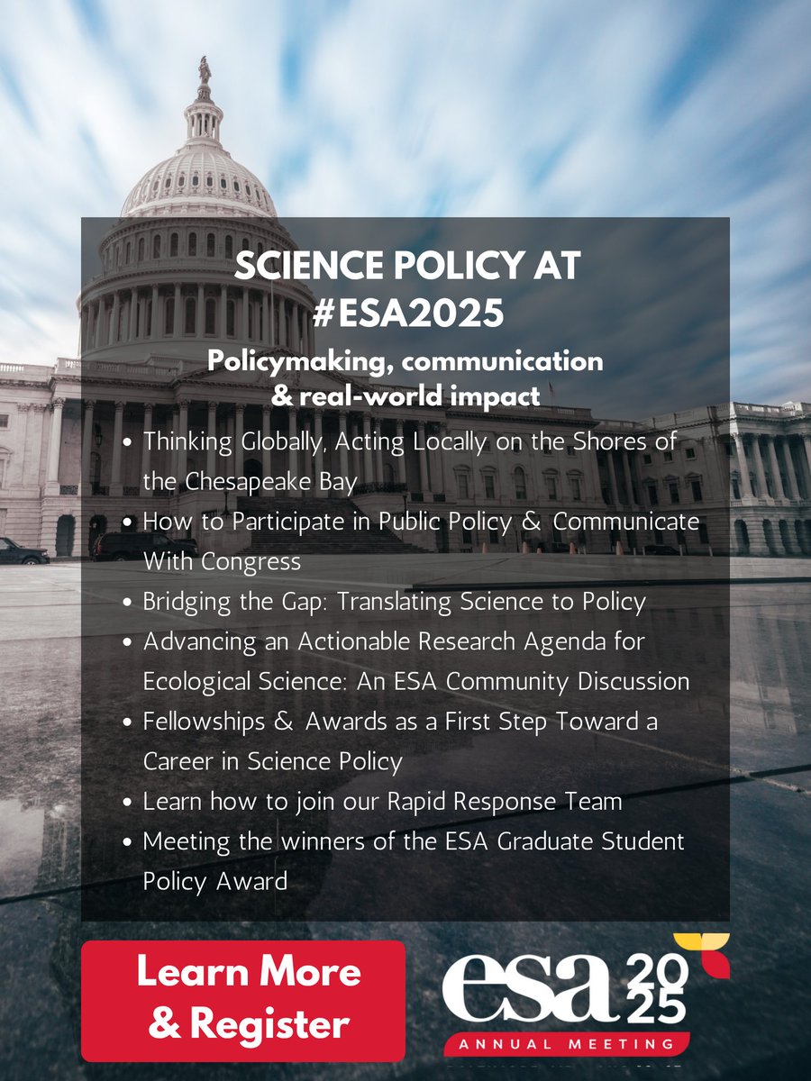 If you’re interested in the intersection of science and policy, you won’t want to miss the exciting lineup of events focused on policymaking, communication and real-world impact. Catch the full list on the blog, then register to join in! esa.org/esablog/2025/0…