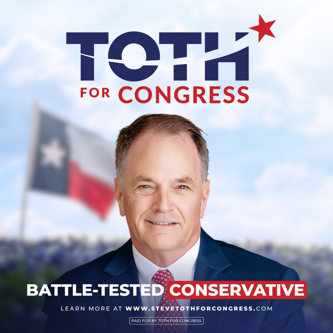 SteveTothTX's tweet image. "It’s official! I’m running for Congress to bring bold, unapologetic conservative leadership back to CD 2.
Dan Crenshaw promised to fight for us – instead, he sided with Democrats, sent billions to Ukraine, and called MAGA conservatives “terrorists.” That’s not leadership and…
